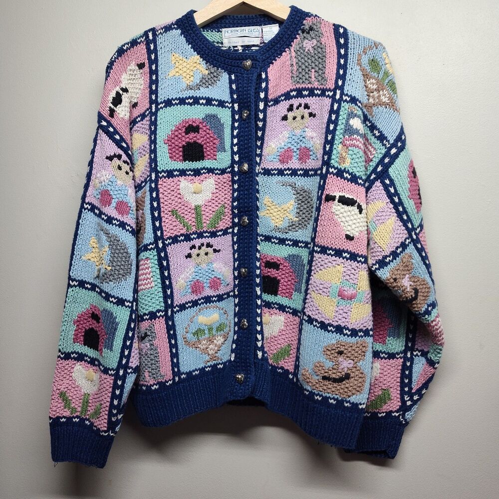 Northern Isles Hand Knit Cardigan Sweater Blue Novelty Vintage Grandmacore